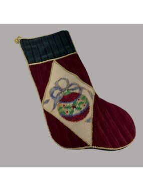 Vintage Needlepoint Christmas Stocking Ornament Striped Red Green Velvet 18 In